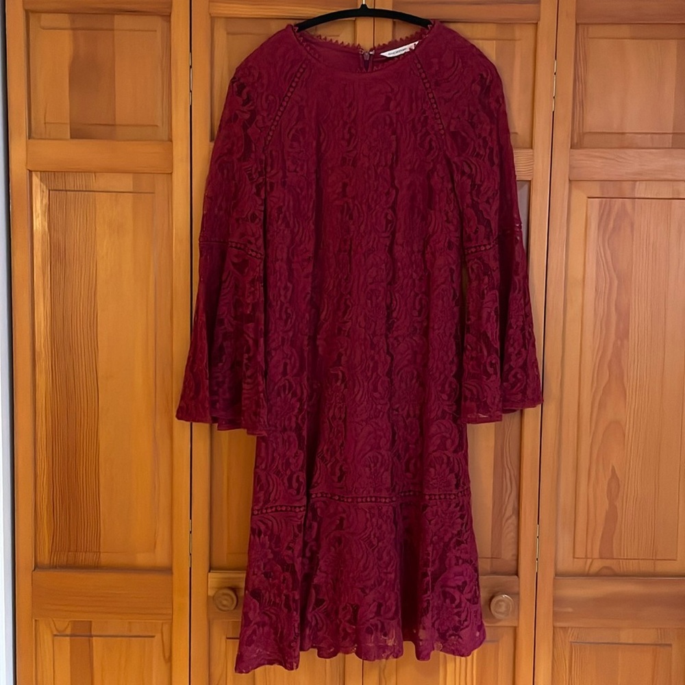 Cranberry colored long sleeved lace dress by Isaac Mizrahi Live!